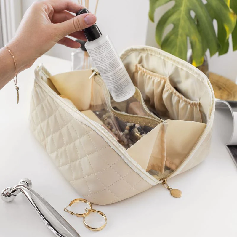 OlsenHome Makeup veske | Beige og svart sminkepung med rominndeling - Image 3