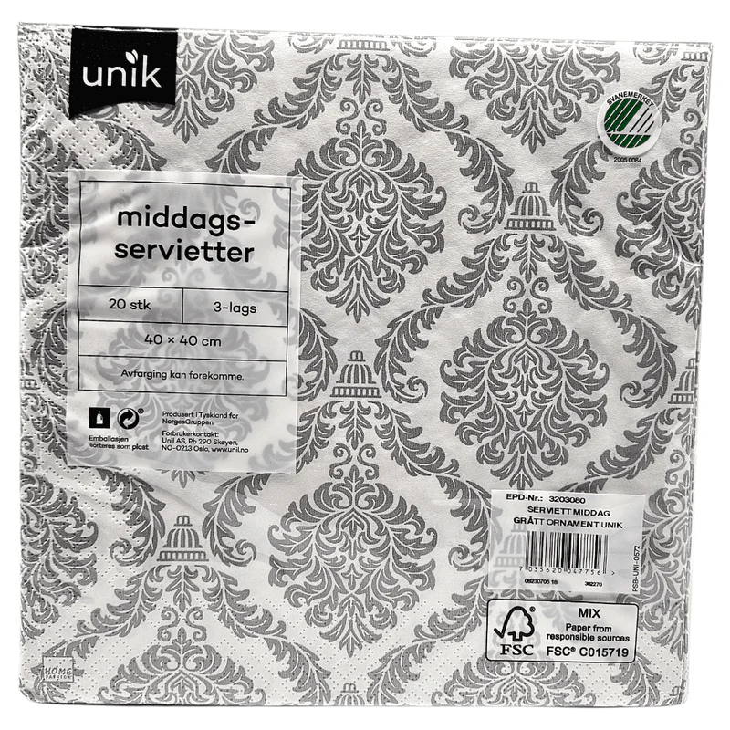 Servietter Hvit med grå ornament 20pk 3 - lags | 40x40cm | Unik - Image 2