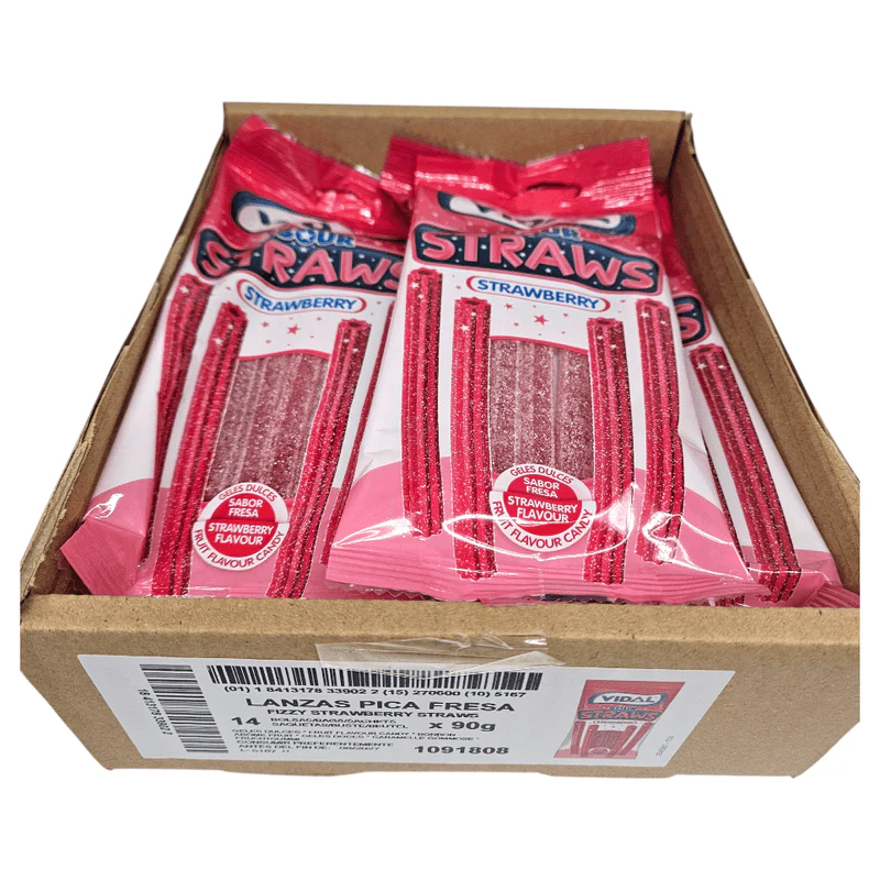 Vidal Sour Straws Jordbær 14x90g | Storpakk surte jordbærsugerør - Image 5