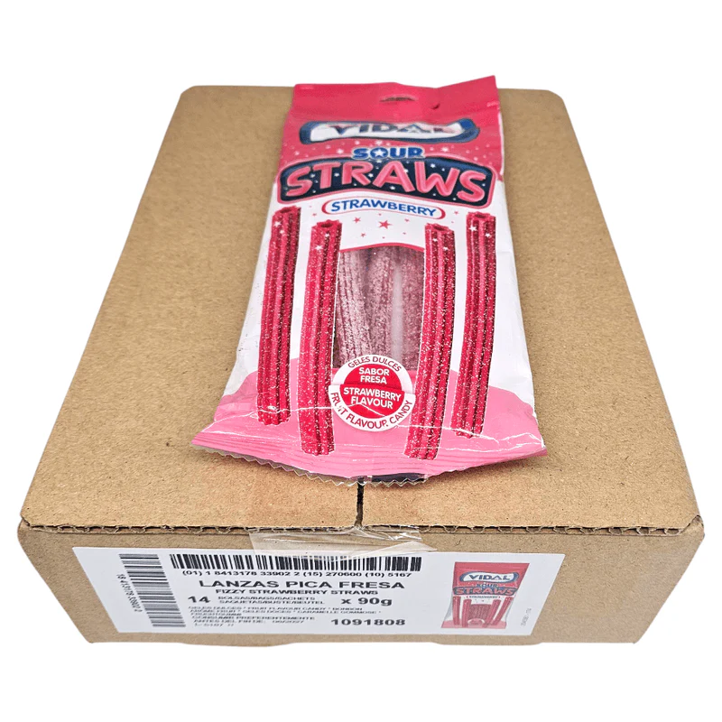 Vidal Sour Straws Jordbær 14x90g | Storpakk surte jordbærsugerør - Image 6